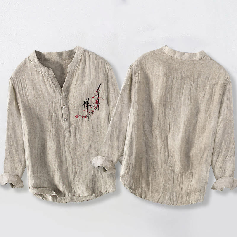 Koszula męska z długim rękawem z bawełny i lnu z motywem kwiatów brzoskwini w kolorze czerwonym i Buddha Stones na pół guziki - image 2