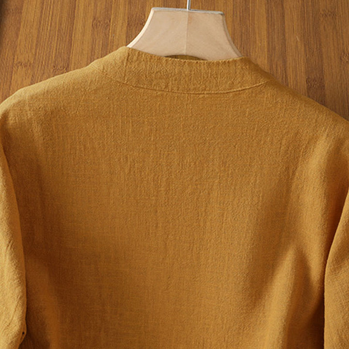 Koszula lniana damska z długim rękawem i kontrastowym wzorem w Buddha Stones z chińskimi guzikami żaby - image 3