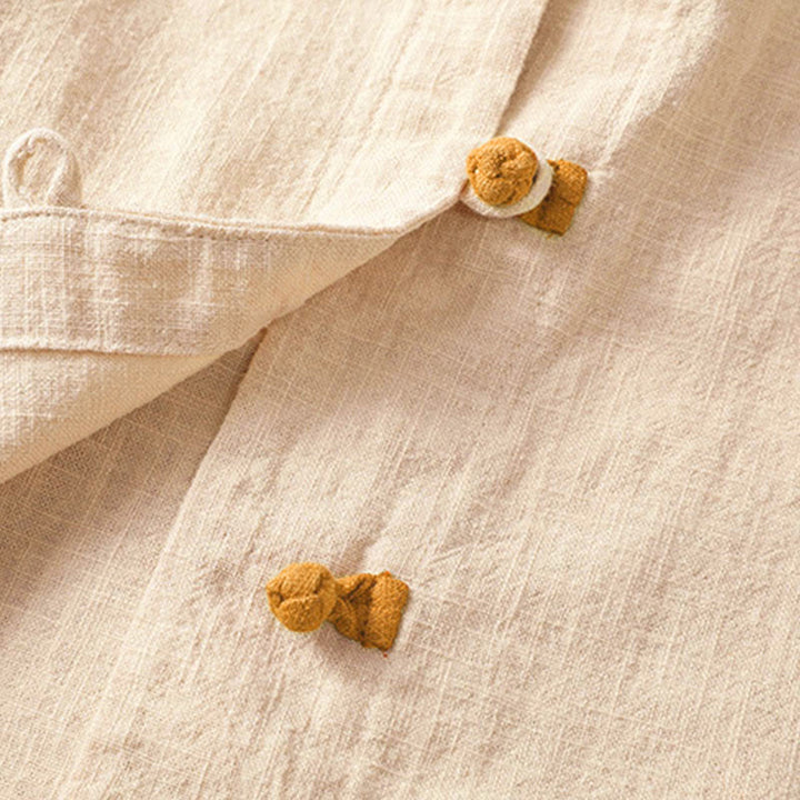 Koszula lniana damska z długim rękawem i kontrastowym wzorem w Buddha Stones z chińskimi guzikami żaby - image 16