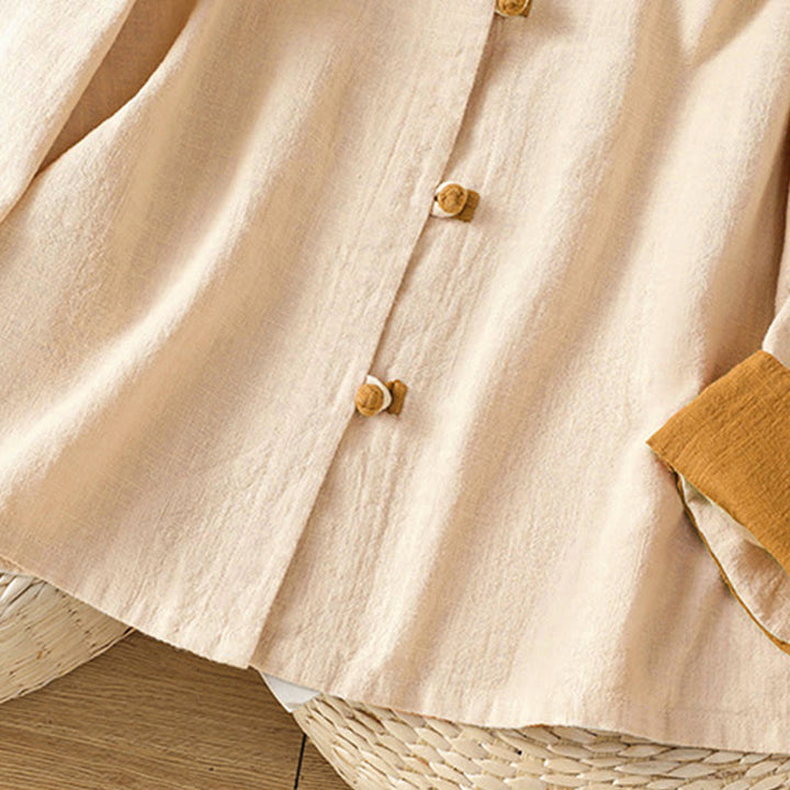 Koszula lniana damska z długim rękawem i kontrastowym wzorem w Buddha Stones z chińskimi guzikami żaby - image 11