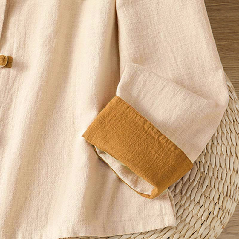 Koszula lniana damska z długim rękawem i kontrastowym wzorem w Buddha Stones z chińskimi guzikami żaby - image 10