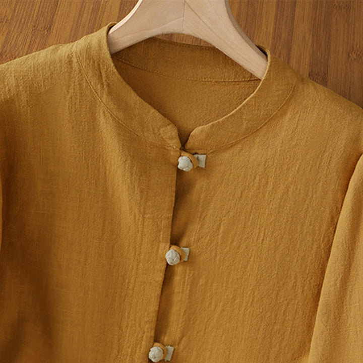 Koszula lniana damska z długim rękawem i kontrastowym wzorem w Buddha Stones z chińskimi guzikami żaby - image 2