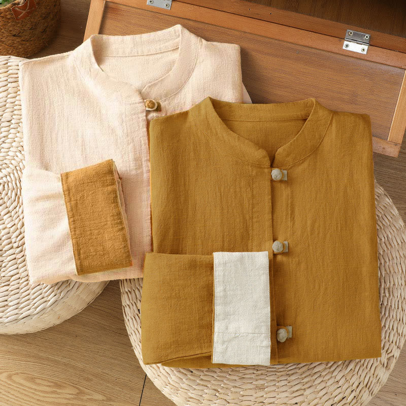 Koszula lniana damska z długim rękawem i kontrastowym wzorem w Buddha Stones z chińskimi guzikami żaby - image 18