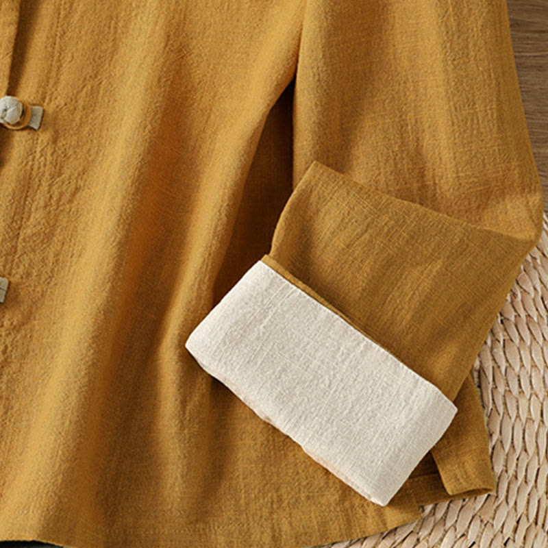 Koszula lniana damska z długim rękawem i kontrastowym wzorem w Buddha Stones z chińskimi guzikami żaby - image 5