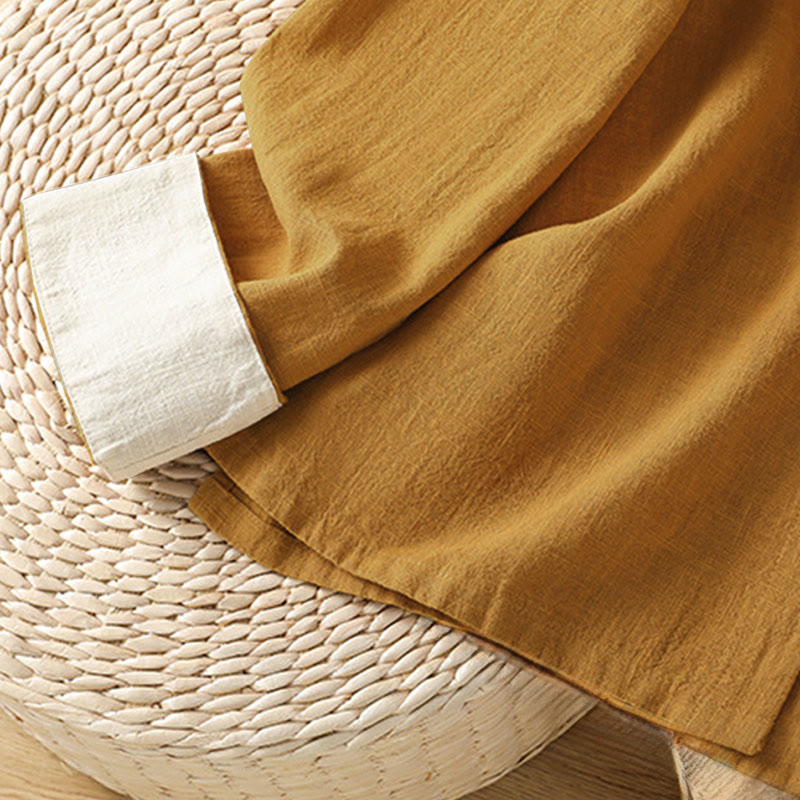 Koszula lniana damska z długim rękawem i kontrastowym wzorem w Buddha Stones z chińskimi guzikami żaby - image 6