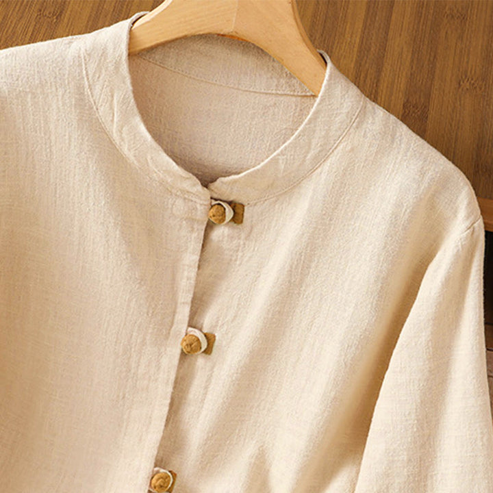 Koszula lniana damska z długim rękawem i kontrastowym wzorem w Buddha Stones z chińskimi guzikami żaby - image 13