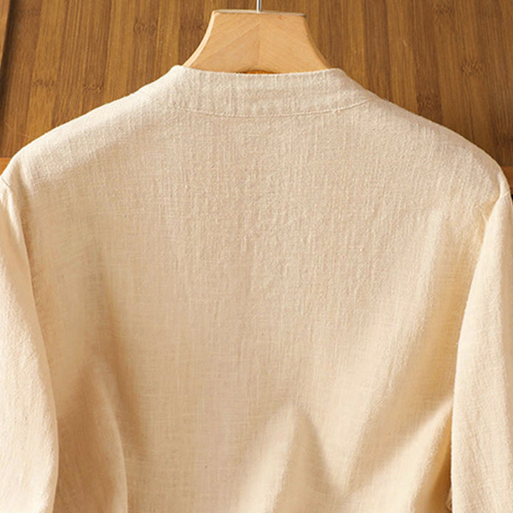 Koszula lniana damska z długim rękawem i kontrastowym wzorem w Buddha Stones z chińskimi guzikami żaby - image 14