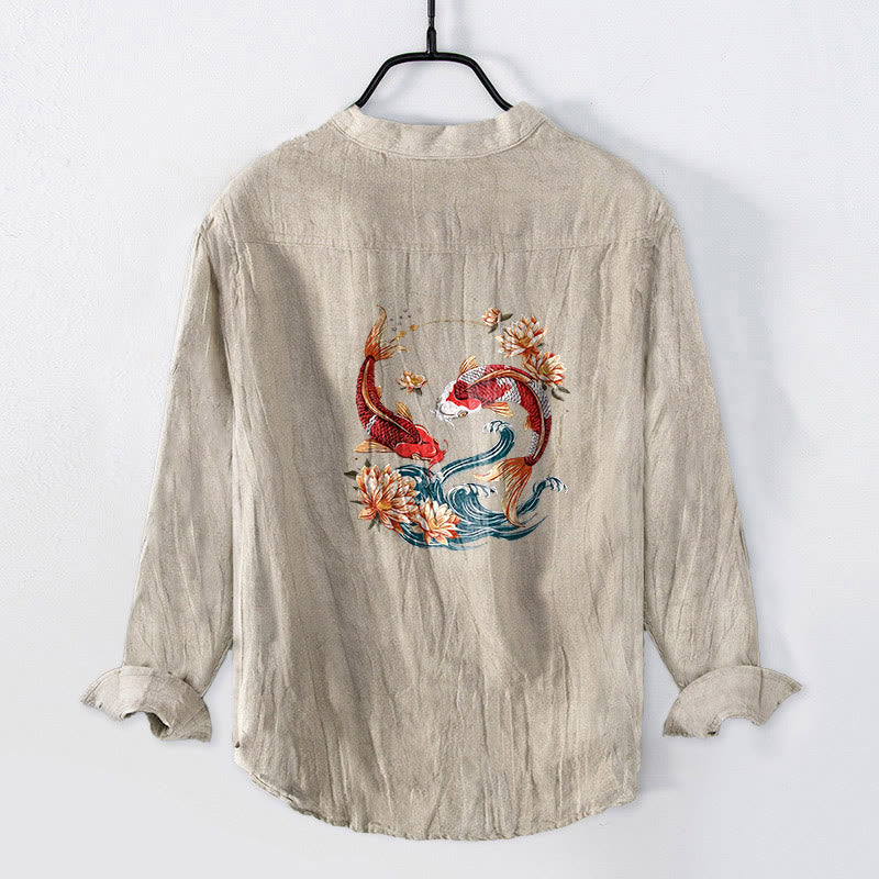 Koszula męska z długim rękawem z bawełny i lnu, z motywem fal lotosu i kamieniami Buddha Stones - image 5