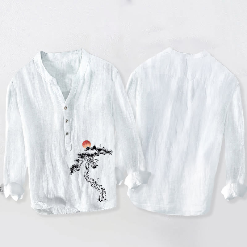 Buddha Stones męska z długim rękawem z bawełny i lnu, z motywem sosny i czerwonego słońca, zapinana na pół guziki - image 8