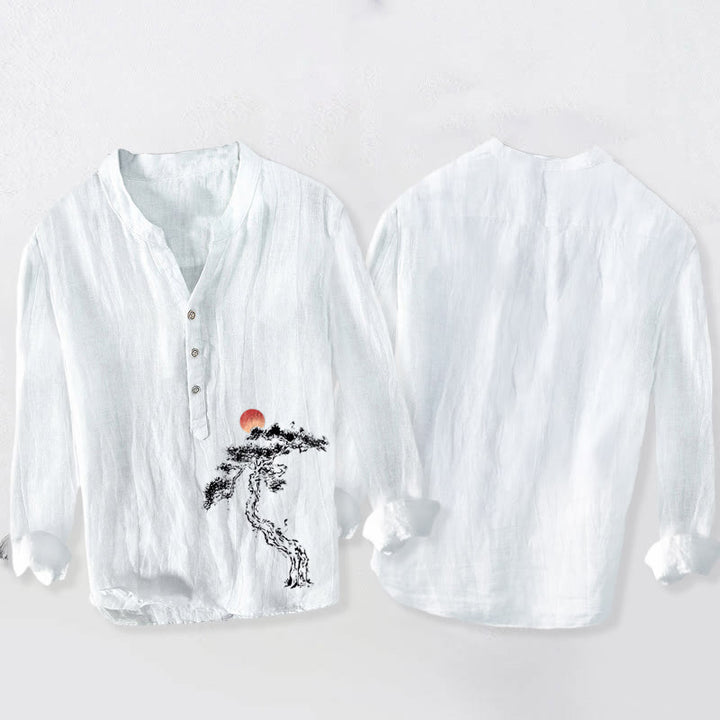 Buddha Stones męska z długim rękawem z bawełny i lnu, z motywem sosny i czerwonego słońca, zapinana na pół guziki - image 8