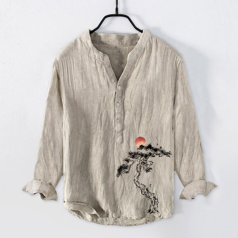 Buddha Stones męska z długim rękawem z bawełny i lnu, z motywem sosny i czerwonego słońca, zapinana na pół guziki - Bielizna - US/UK/AU50, EU60 (5XL) - image 0