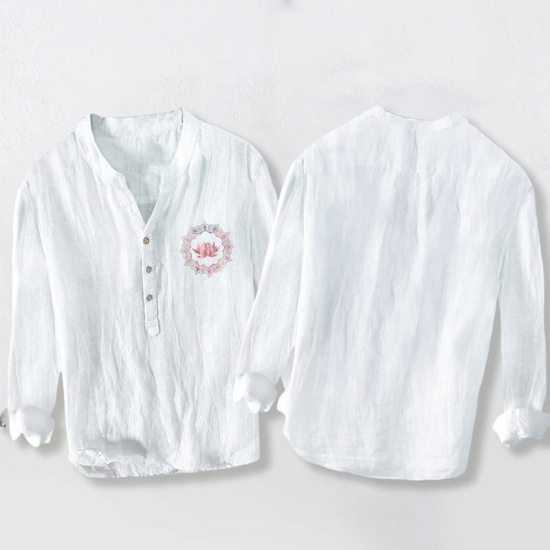 Koszula męska z długim rękawem z bawełny i lnu, z motywem lotosu i kamieni Buddha Stones, zapinana na pół guziki - image 2