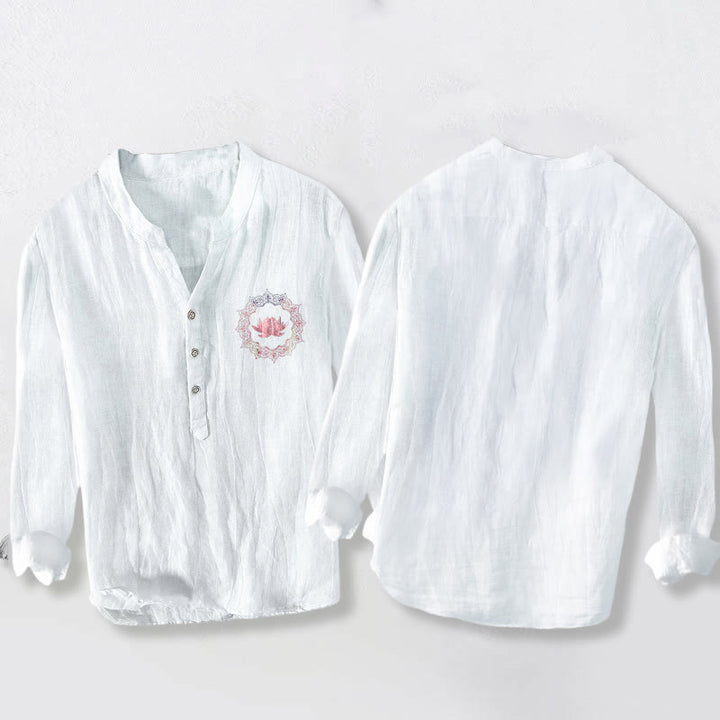 Koszula męska z długim rękawem z bawełny i lnu, z motywem lotosu i kamieni Buddha Stones, zapinana na pół guziki - image 2