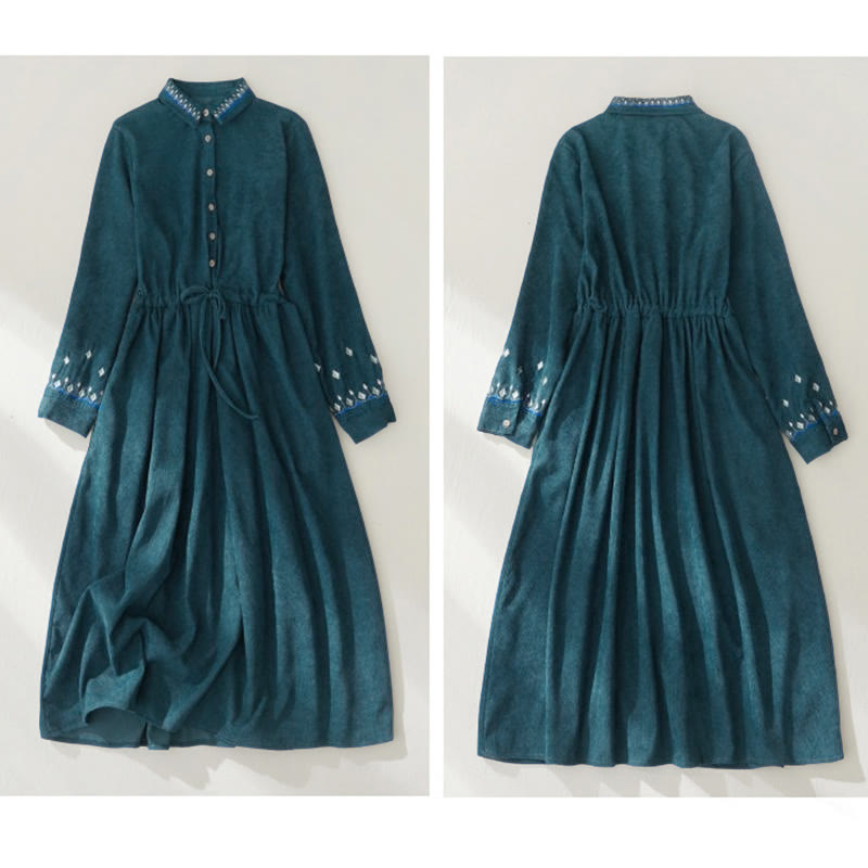 Sukienka midi z długim rękawem i kieszeniami, haftowanymi Buddha Stones i kwiatowym wzorem, sznurowana - image 17