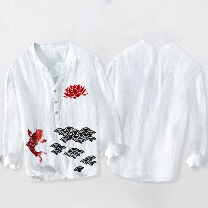 Koszula męska z długim rękawem z bawełny i lnu , z Buddha Stones , rybą Koi i lotosem, pomyślnymi chmurami i półguzikami - image 5