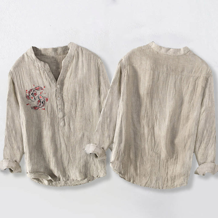 Koszula męska z długim rękawem z bawełny i lnu z motywem rybki koi i kamieni Buddha Stones ryby koi - image 2