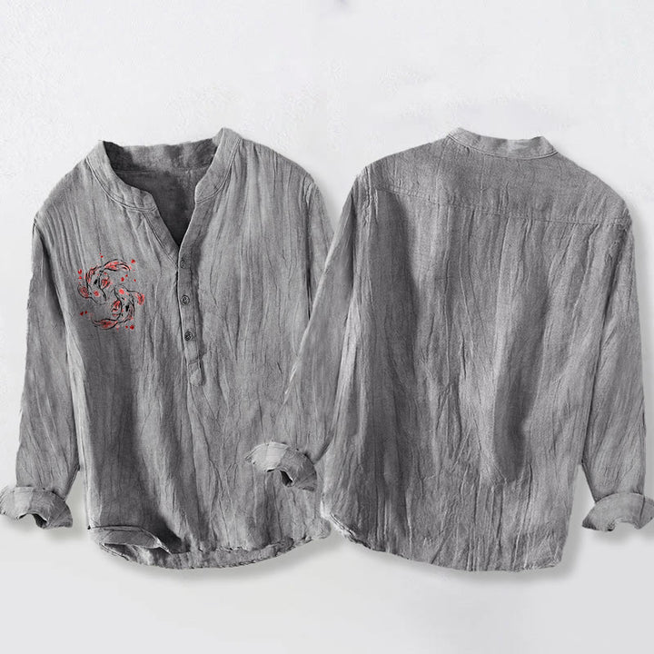 Koszula męska z długim rękawem z bawełny i lnu z motywem rybki koi i kamieni Buddha Stones ryby koi - image 5