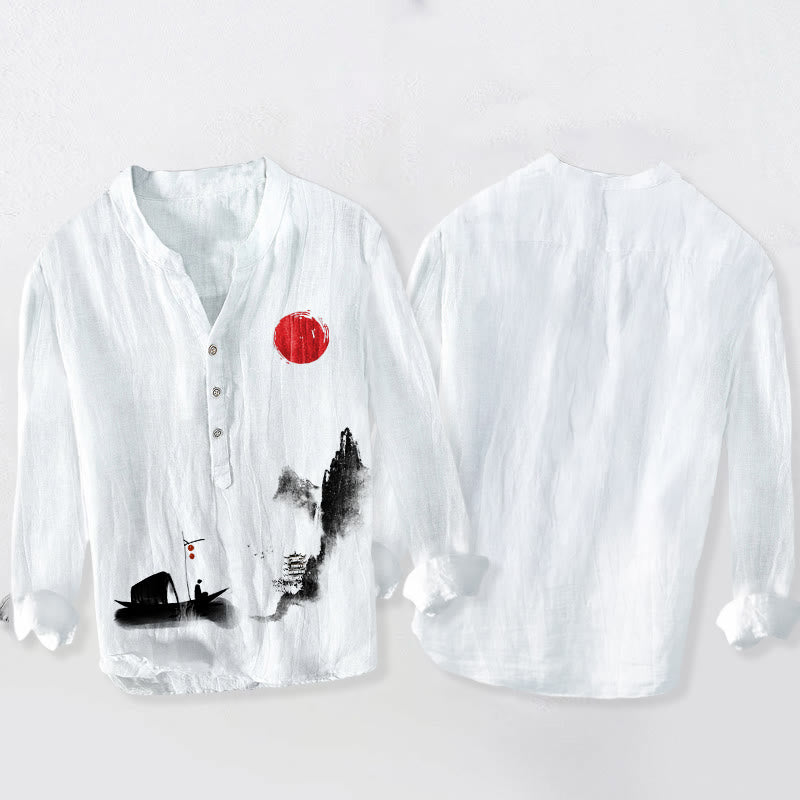 Koszula męska z długim rękawem z bawełny i lnu, z motywem łodzi rybackiej z Buddha Stones i czerwonym słońcem - image 2