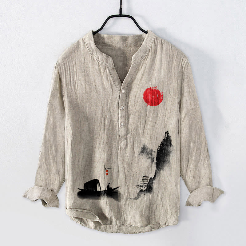 Koszula męska z długim rękawem z bawełny i lnu, z motywem łodzi rybackiej z Buddha Stones i czerwonym słońcem - Bielizna - US/UK/AU50, EU60 (5XL) - image 6