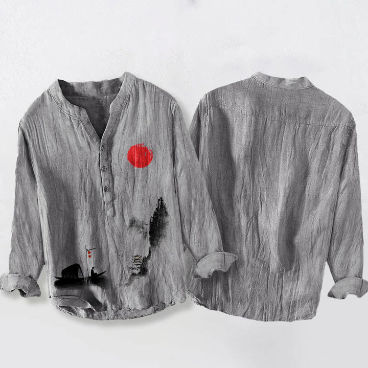 Koszula męska z długim rękawem z bawełny i lnu, z motywem łodzi rybackiej z Buddha Stones i czerwonym słońcem - image 5
