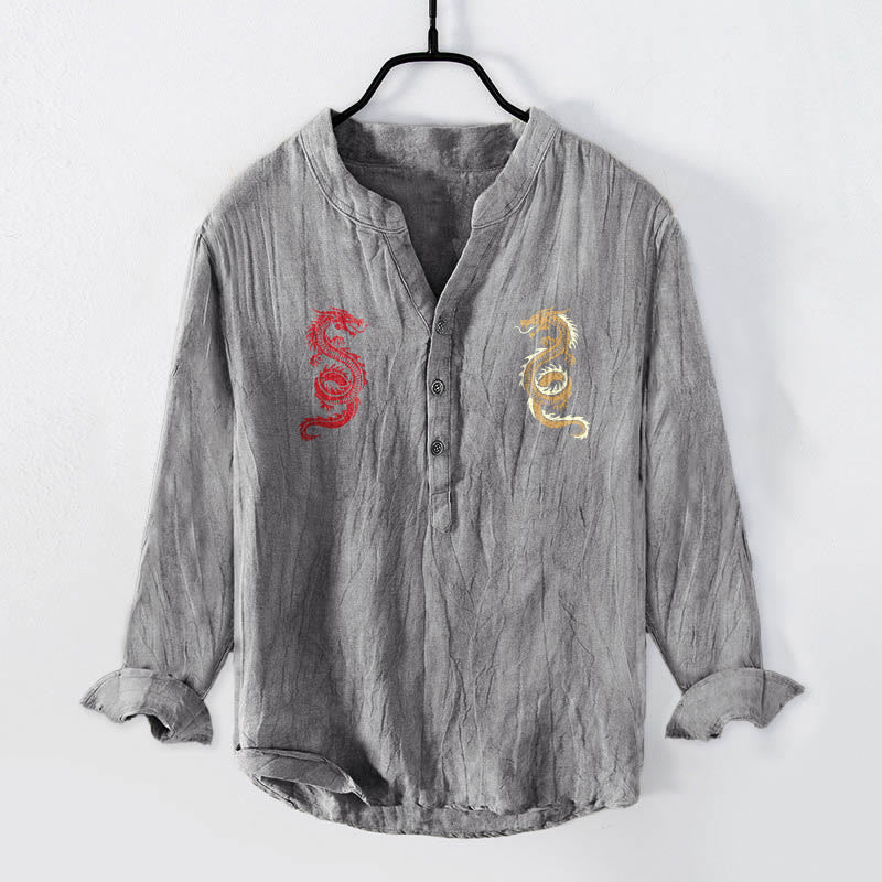 Koszula męska z długim rękawem z bawełny i lnu z motywem podwójnego smoka i Buddha Stones - Szary - US/UK/AU50, EU60 (5XL) - image 0