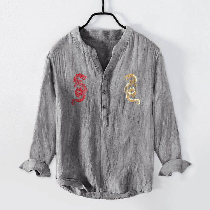 Koszula męska z długim rękawem z bawełny i lnu z motywem podwójnego smoka i Buddha Stones - Szary - US/UK/AU50, EU60 (5XL) - image 0