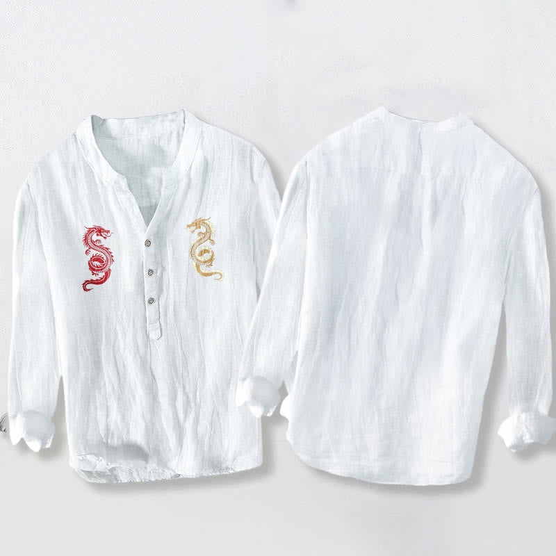 Koszula męska z długim rękawem z bawełny i lnu z motywem podwójnego smoka i Buddha Stones - image 5