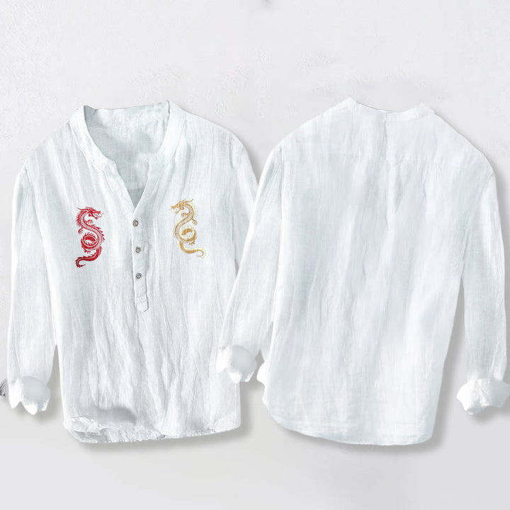 Koszula męska z długim rękawem z bawełny i lnu z motywem podwójnego smoka i Buddha Stones - image 5