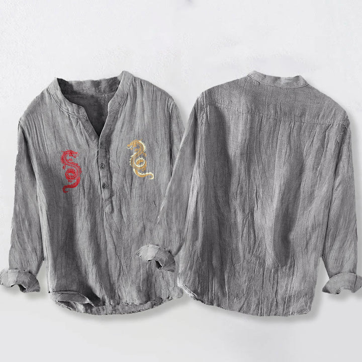 Koszula męska z długim rękawem z bawełny i lnu z motywem podwójnego smoka i Buddha Stones - image 2