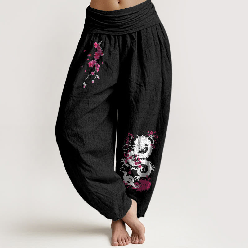 Buddha Stones Damskie spodnie haremowe z elastyczną talią i wzorem w kwiaty wiśni - Czarny - US16, UK/AU20, EU48 (3XL) - image 11
