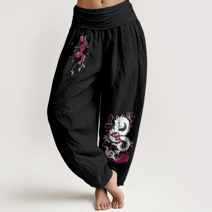 Buddha Stones Damskie spodnie haremowe z elastyczną talią i wzorem w kwiaty wiśni - Czarny - US16, UK/AU20, EU48 (3XL) - image 11