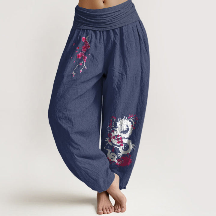 Buddha Stones Damskie spodnie haremowe z elastyczną talią i wzorem w kwiaty wiśni - DarkSlateBlue - US16, UK/AU20, EU48 (3XL) - image 14
