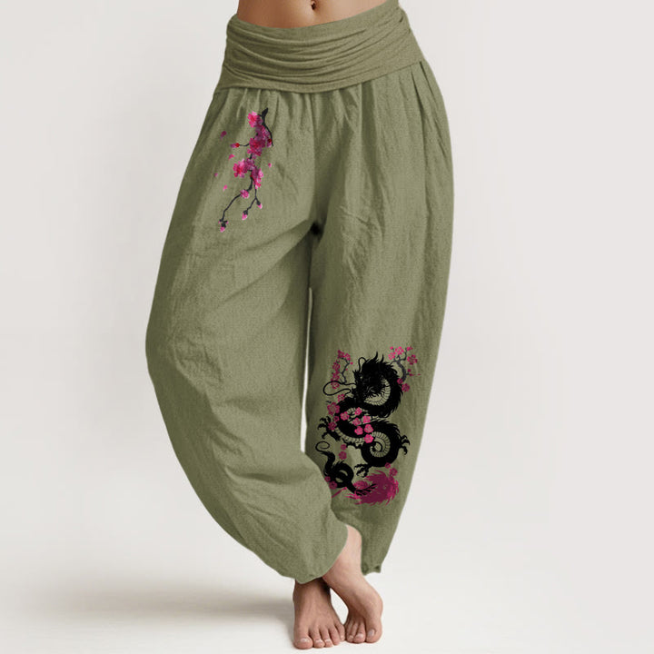 Buddha Stones Damskie spodnie haremowe z elastyczną talią i wzorem w kwiaty wiśni - Oliwkowy - US16, UK/AU20, EU48 (3XL) - image 8
