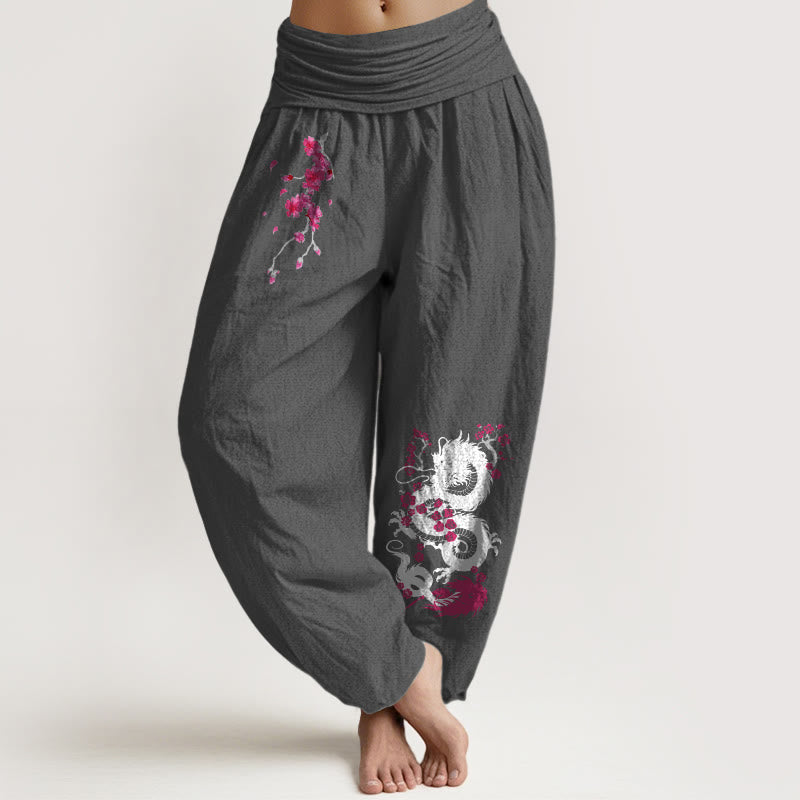 Buddha Stones Damskie spodnie haremowe z elastyczną talią i wzorem w kwiaty wiśni - DimGray - US16, UK/AU20, EU48 (3XL) - image 0