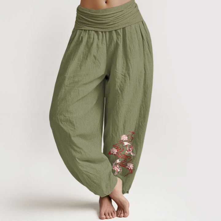 Buddha Stones Spodnie damskie haremowe z elastycznej talii z motywem ryby koi z czystej bawełny i motywem rzeki Lotus - Oliwkowy - US16, UK/AU20, EU48 (3XL) - image 14