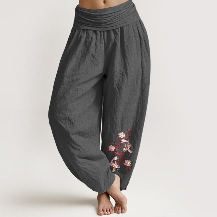 Buddha Stones Spodnie damskie haremowe z elastycznej talii z motywem ryby koi z czystej bawełny i motywem rzeki Lotus - DimGray - US16, UK/AU20, EU48 (3XL) - image 8