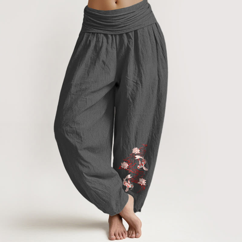Buddha Stones Spodnie damskie haremowe z elastycznej talii z motywem ryby koi z czystej bawełny i motywem rzeki Lotus - DimGray - US16, UK/AU20, EU48 (3XL) - image 8