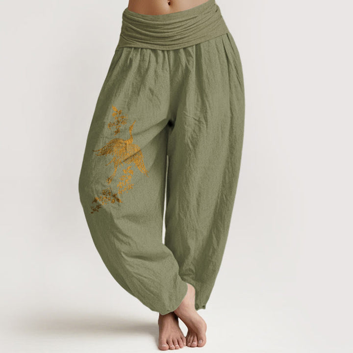 Buddha Stones Damskie spodnie haremowe z elastycznej bawełny z wzorem w kwiaty i liście żurawia - Oliwkowy - US16, UK/AU20, EU48 (3XL) - image 14