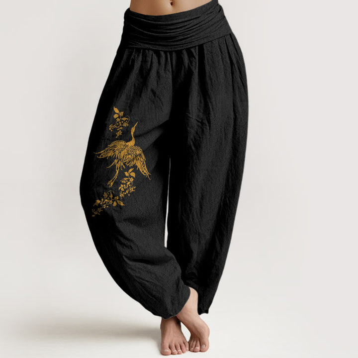 Buddha Stones Damskie spodnie haremowe z elastycznej bawełny z wzorem w kwiaty i liście żurawia - Czarny - US16, UK/AU20, EU48 (3XL) - image 0