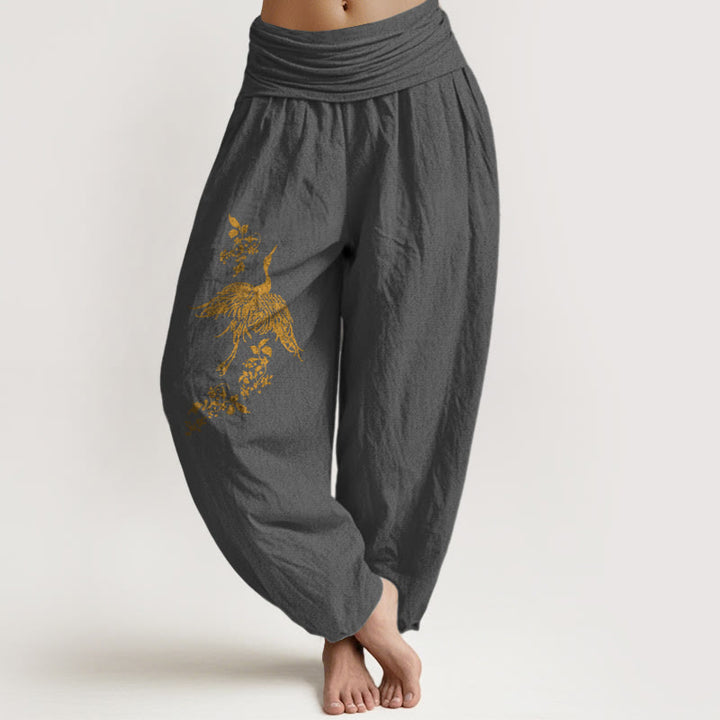 Buddha Stones Damskie spodnie haremowe z elastycznej bawełny z wzorem w kwiaty i liście żurawia - DimGray - US16, UK/AU20, EU48 (3XL) - image 8