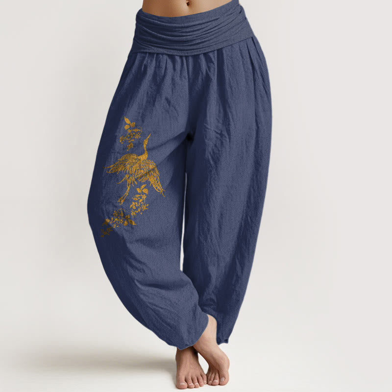 Buddha Stones Damskie spodnie haremowe z elastycznej bawełny z wzorem w kwiaty i liście żurawia - DarkSlateBlue - US16, UK/AU20, EU48 (3XL) - image 5