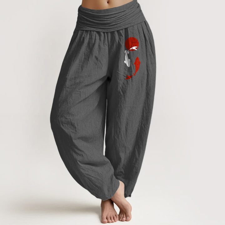 Buddha Stones Spodnie damskie typu harem z elastycznej bawełny z motywem ryby Koi Red Sun - DimGray - US16, UK/AU20, EU48 (3XL) - image 5