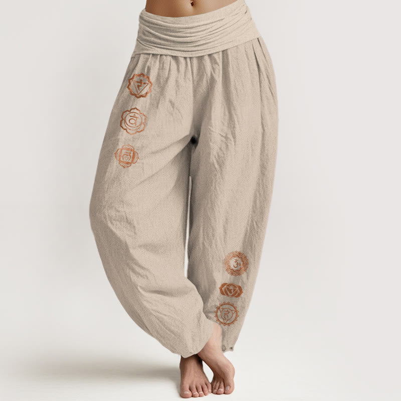 Buddha Stones Luźne spodnie haremki damskie z elastyczną talią i wzorem symbolu czakry z czystej bawełny - Dębnik - US16, UK/AU20, EU48 (3XL) - image 11