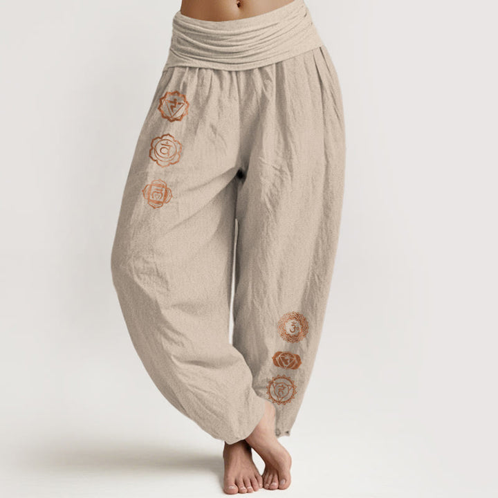 Buddha Stones Luźne spodnie haremki damskie z elastyczną talią i wzorem symbolu czakry z czystej bawełny - Dębnik - US16, UK/AU20, EU48 (3XL) - image 11