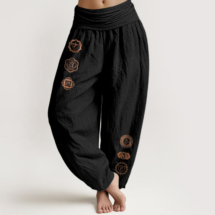 Buddha Stones Luźne spodnie haremki damskie z elastyczną talią i wzorem symbolu czakry z czystej bawełny - Czarny - US16, UK/AU20, EU48 (3XL) - image 0