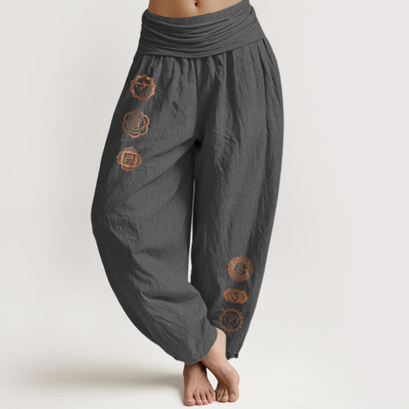 Buddha Stones Luźne spodnie haremki damskie z elastyczną talią i wzorem symbolu czakry z czystej bawełny - DimGray - US16, UK/AU20, EU48 (3XL) - image 8