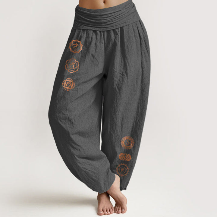 Buddha Stones Luźne spodnie haremki damskie z elastyczną talią i wzorem symbolu czakry z czystej bawełny - DimGray - US16, UK/AU20, EU48 (3XL) - image 8