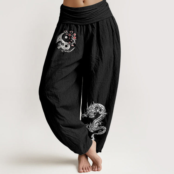 Damskie spodnie haremowe z elastycznej talii z motywem kwiatów i falami Yin Yang z Buddha Stones z czystej bawełny - Czarny - US16, UK/AU20, EU48 (3XL) - image 0
