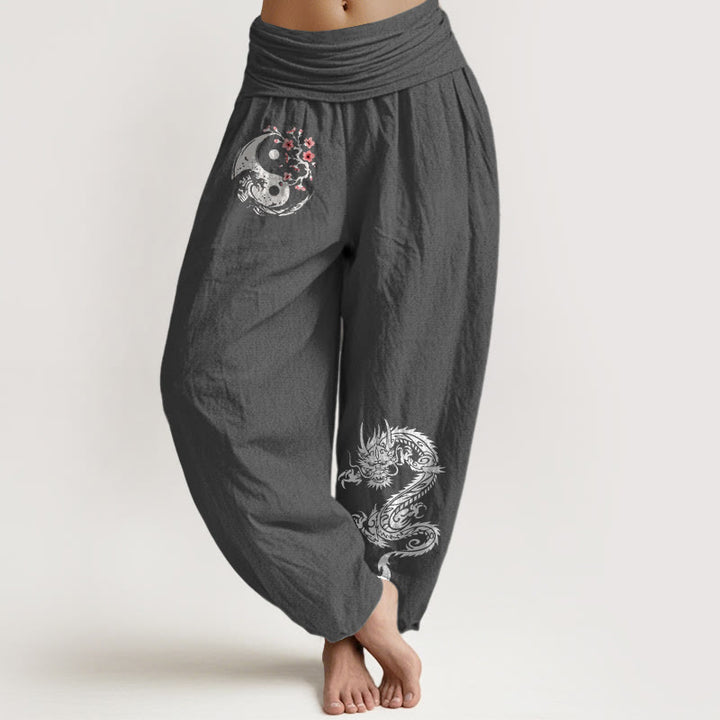 Damskie spodnie haremowe z elastycznej talii z motywem kwiatów i falami Yin Yang z Buddha Stones z czystej bawełny - DimGray - US16, UK/AU20, EU48 (3XL) - image 8