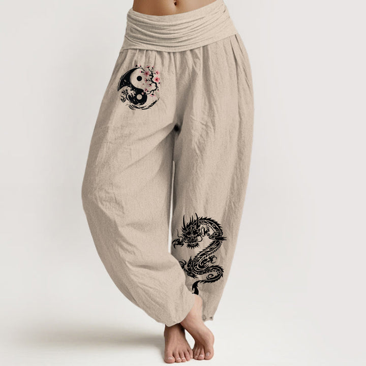 Damskie spodnie haremowe z elastycznej talii z motywem kwiatów i falami Yin Yang z Buddha Stones z czystej bawełny - Dębnik - US16, UK/AU20, EU48 (3XL) - image 11